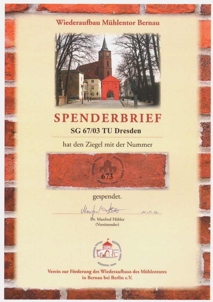 Beispiel Spenderbrief für einen nummerierten Mühlentor-Ziegel